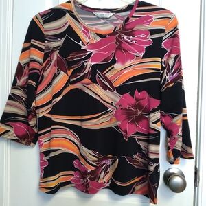 Allison Daley Black and Pink Floral Blouse Ribbon Swirls Retro Vintage